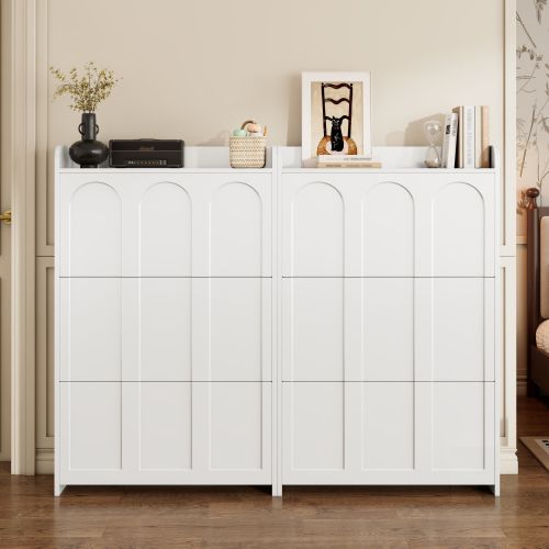Meuble à Chaussures 2 Pièces 140x25x120 Cm, 6 Portes Basculante Et 12 Compartiments, Mdf, Blanc