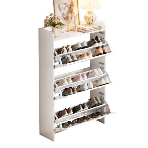 Meuble à Chaussures 2 Pièces 140x25x120 Cm, 6 Portes Basculante Et 12 Compartiments, Mdf, Blanc