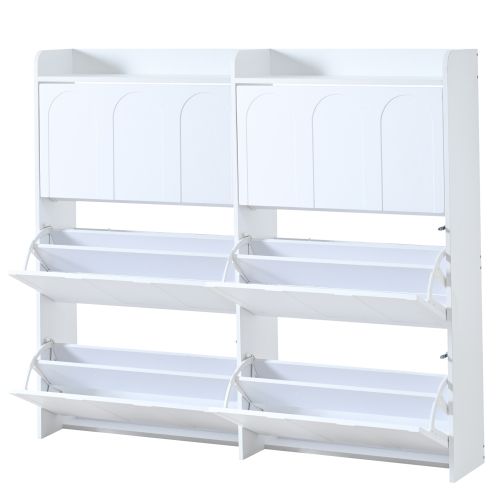 Meuble à Chaussures 2 Pièces 140x25x120 Cm, 6 Portes Basculante Et 12 Compartiments, Mdf, Blanc