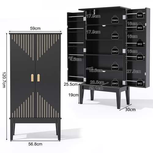 Buffet De Cuisine Vintage 59x30x120,7 Cm Avec 2 Portes Et Étagères, Mdf, Noir