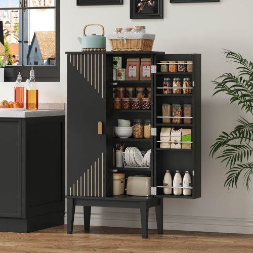 Buffet De Cuisine Vintage 59x30x120,7 Cm Avec 2 Portes Et Étagères, Mdf, Noir