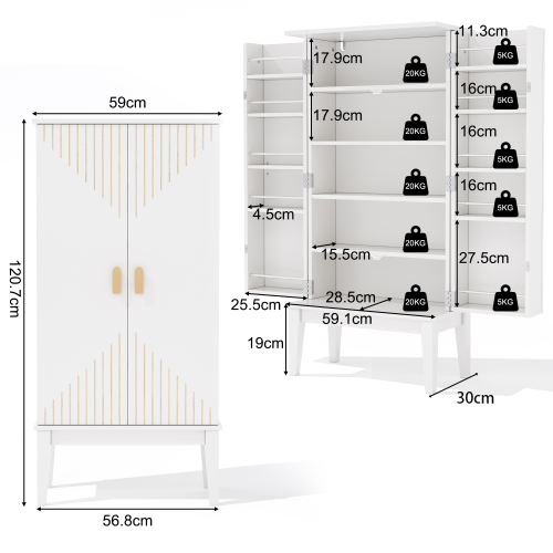 Buffet De Cuisine Vintage 59x30x120,7 Cm Avec 2 Portes Et Étagères, Mdf, Blanc