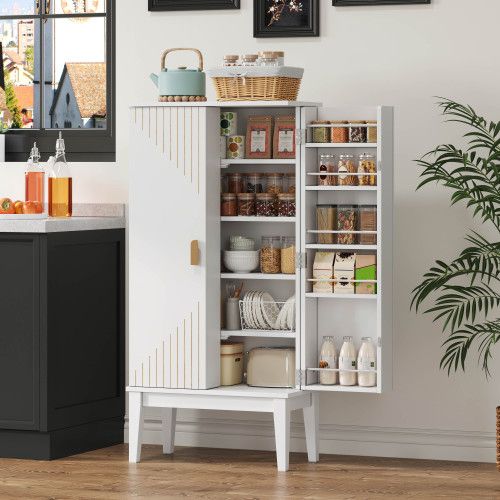 Buffet De Cuisine Vintage 59x30x120,7 Cm Avec 2 Portes Et Étagères, Mdf, Blanc