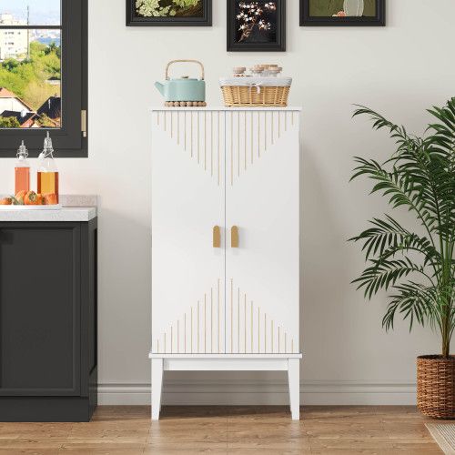 Buffet De Cuisine Vintage 59x30x120,7 Cm Avec 2 Portes Et Étagères, Mdf, Blanc