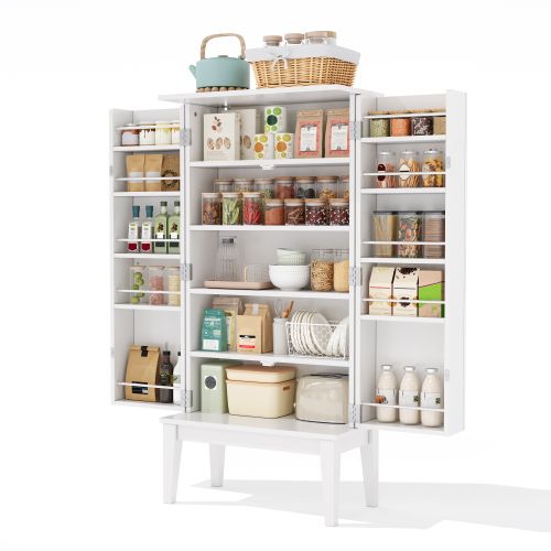 Buffet De Cuisine Vintage 59x30x120,7 Cm Avec 2 Portes Et Étagères, Mdf, Blanc