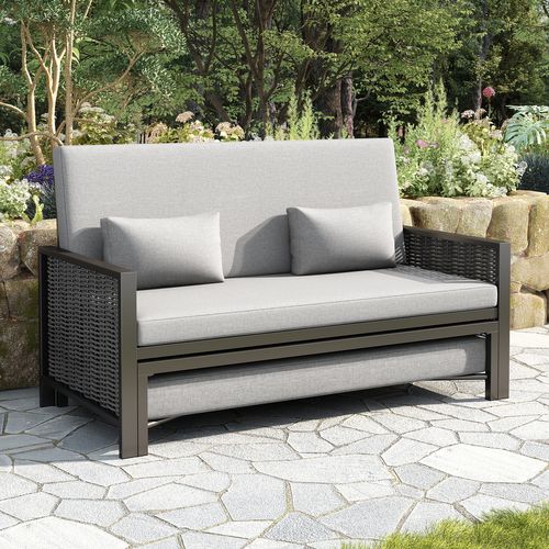 Canapé De Jardin 2 Places 131,5x179,3x91 Cm Avec Fonction De Lit, Dossier Réglable, En Acier, Gris