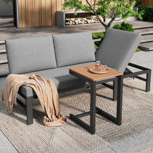 Ensemble Mobilier De Jardin Avec 1 Canapé 3 Places(fonction Inclinable), 1 Table D'appoint, Gris