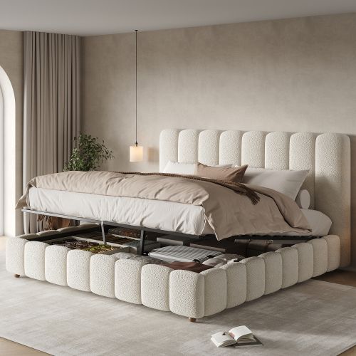 Lit Coffre Adulte 160x200 Cm, Lit Double Avec Tête De Lit Et Rangement, Tissu, Beige
