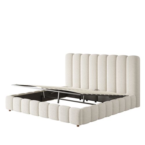 Lit Coffre Adulte 160x200 Cm, Lit Double Avec Tête De Lit Et Rangement, Tissu, Beige