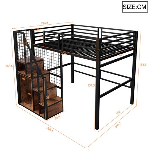 Lit Mezzanine 140x200cm, Avec Rambarde De Sécurité, Rangements, Métal, Noir + Bois-foncé