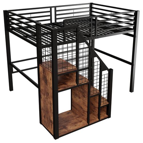 Lit Mezzanine 140x200cm, Avec Rambarde De Sécurité, Rangements, Métal, Noir + Bois-foncé