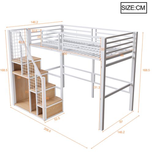 Lit Mezzanine 90x200cm, Avec Rambarde De Sécurité, Rangements, Métal, Blanc + Bois-clair