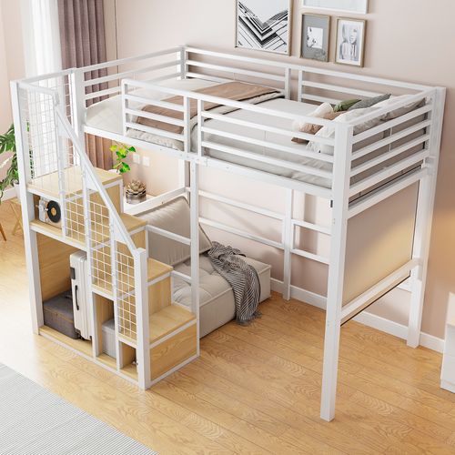 Lit Mezzanine 90x200cm, Avec Rambarde De Sécurité, Rangements, Métal, Blanc + Bois-clair