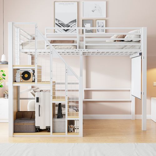 Lit Mezzanine 90x200cm, Avec Rambarde De Sécurité, Rangements, Métal, Blanc + Bois-clair