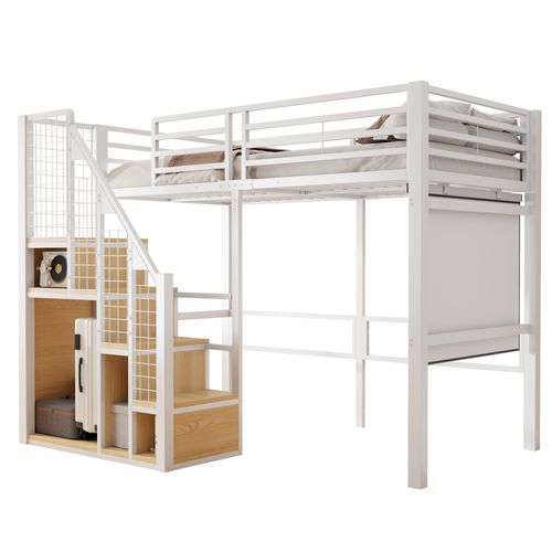 Lit Mezzanine 90x200cm, Avec Rambarde De Sécurité, Rangements, Métal, Blanc + Bois-clair