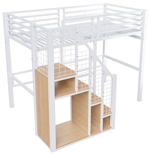 Lit Mezzanine 90x200cm, Avec Rambarde De Sécurité, Rangements, Métal, Blanc + Bois-clair