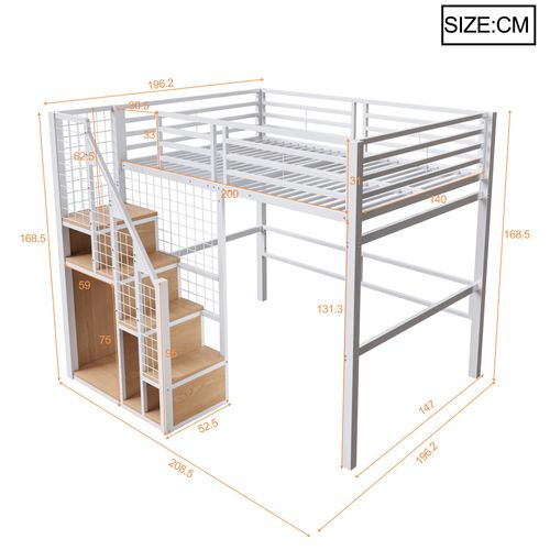 Lit Mezzanine 140x200cm, Avec Rambarde De Sécurité, Rangements, Métal, Blanc + Bois-clair