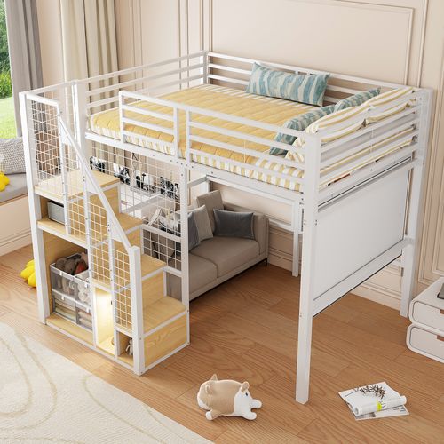 Lit Mezzanine 140x200cm, Avec Rambarde De Sécurité, Rangements, Métal, Blanc + Bois-clair