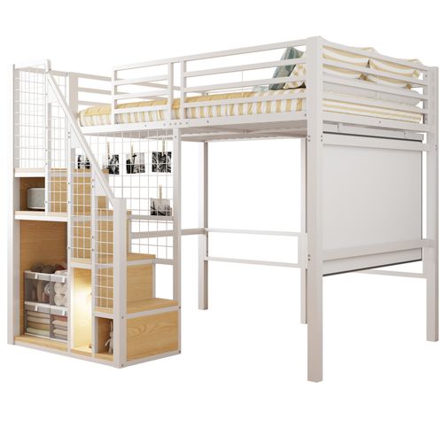 Lit Mezzanine 140x200cm, Avec Rambarde De Sécurité, Rangements, Métal, Blanc + Bois-clair