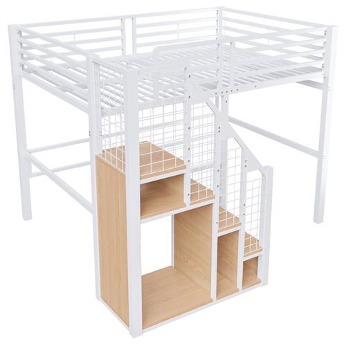 Lit Mezzanine 140x200cm, Avec Rambarde De Sécurité, Rangements, Métal, Blanc + Bois-clair