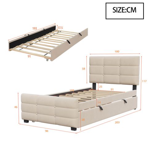 Lit Enfant 90x190 Cm Avec 1 Lit Gigogne 90x190 Cm, Tête De Lit à Boutons, Velours, Beige