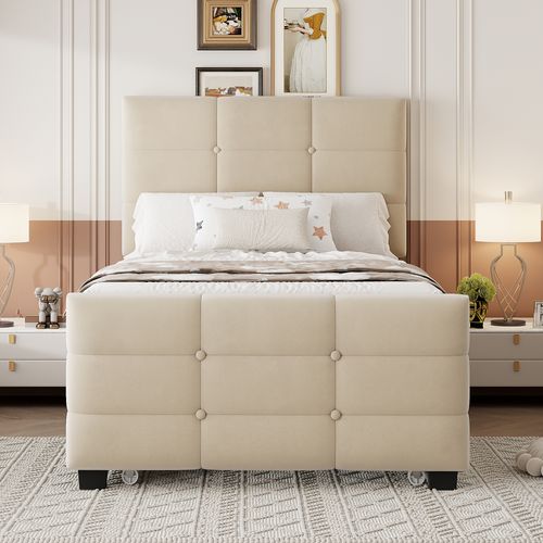 Lit Enfant 90x190 Cm Avec 1 Lit Gigogne 90x190 Cm, Tête De Lit à Boutons, Velours, Beige