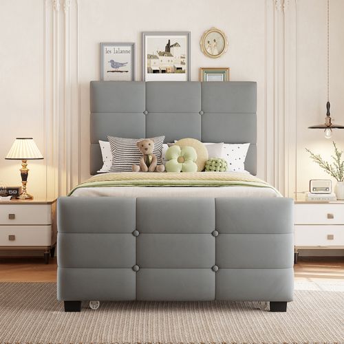 Lit Enfant 90x190 Cm Avec 1 Lit Gigogne 90x190 Cm, Tête De Lit à Boutons, Velours, Gris