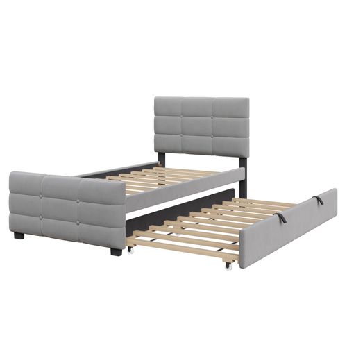 Lit Enfant 90x190 Cm Avec 1 Lit Gigogne 90x190 Cm, Tête De Lit à Boutons, Velours, Gris