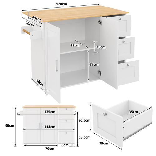 Îlot De Cuisine 135x44/70x90 Cm Avec 3 Tiroirs, 2 Portes, Roulettes, En Mdf, Blanc