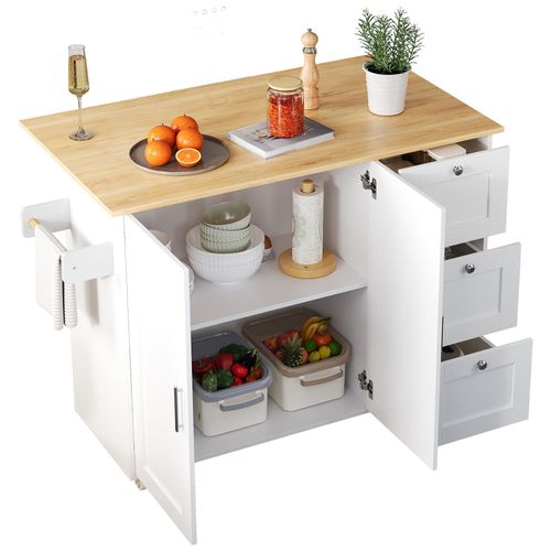 Îlot De Cuisine 135x44/70x90 Cm Avec 3 Tiroirs, 2 Portes, Roulettes, En Mdf, Blanc