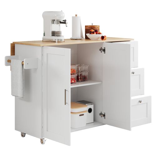 Îlot De Cuisine 135x44/70x90 Cm Avec 3 Tiroirs, 2 Portes, Roulettes, En Mdf, Blanc