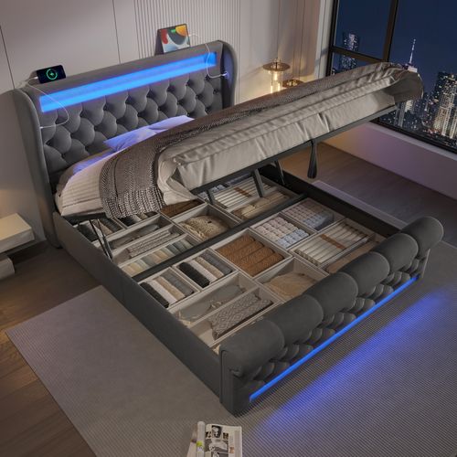 Lit Coffre Adulte 140x190 Cm Avec Rangement, Lit Double Avec LED, USB Et Type-c, Velours, Gris