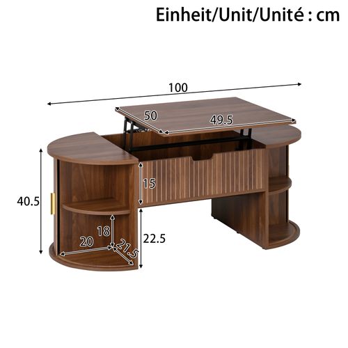Table Basse 100x50x40.5 Cm, Plateau Relevable, 2 Portes Coulissantes, Mdf, Noyer