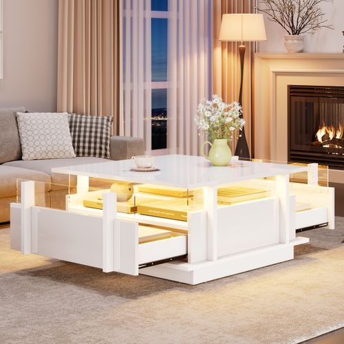 Table Basse Carrée 70x70x35 Cm, LED, 2 Tiroirs, Panneau De Particules, Blanc