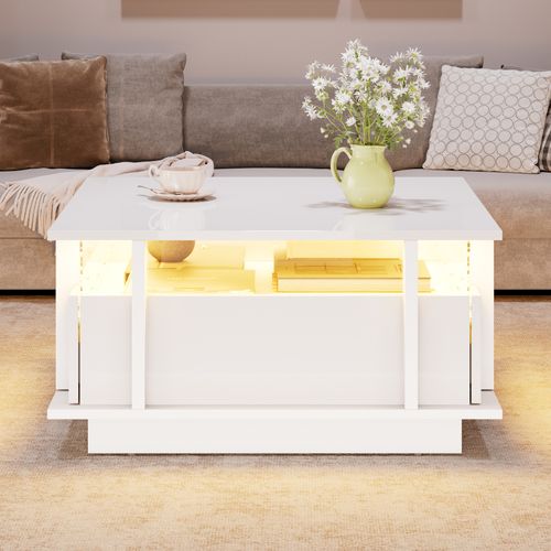 Table Basse Carrée 70x70x35 Cm, LED, 2 Tiroirs, Panneau De Particules, Blanc