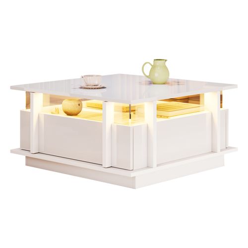 Table Basse Carrée 70x70x35 Cm, LED, 2 Tiroirs, Panneau De Particules, Blanc