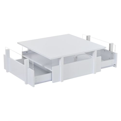 Table Basse Carrée 70x70x35 Cm, LED, 2 Tiroirs, Panneau De Particules, Blanc