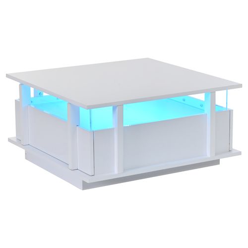 Table Basse Carrée 70x70x35 Cm, LED, 2 Tiroirs, Panneau De Particules, Blanc