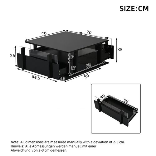 Table Basse Carrée 70x70x35 Cm, LED, 2 Tiroirs, Panneau De Particules, Noir