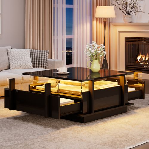 Table Basse Carrée 70x70x35 Cm, LED, 2 Tiroirs, Panneau De Particules, Noir