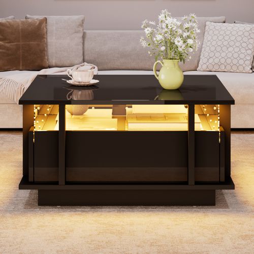 Table Basse Carrée 70x70x35 Cm, LED, 2 Tiroirs, Panneau De Particules, Noir