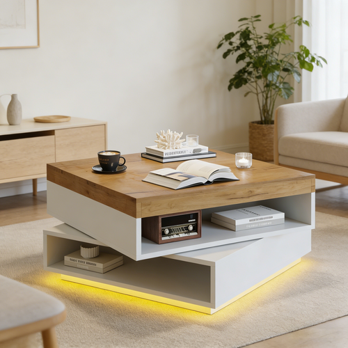 Table Basse Carrée 65x65x40 Cm, Plateau Pivotant 360°, 2 Niches, LED, Mdf, Blanc Et Chêne