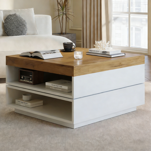 Table Basse Carrée 65x65x40 Cm, Plateau Pivotant 360°, 2 Niches, LED, Mdf, Blanc Et Chêne