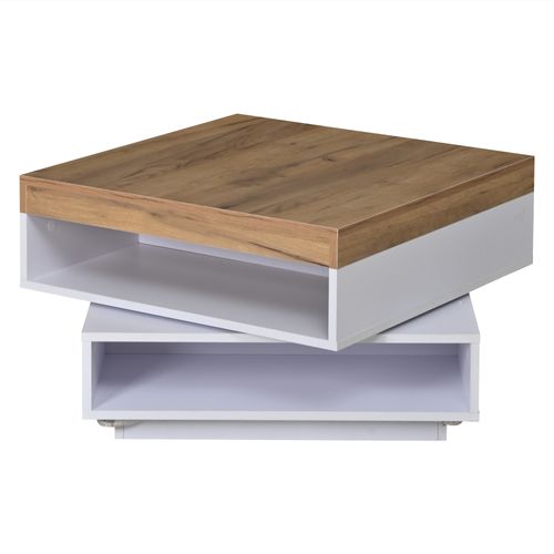Table Basse Carrée 65x65x40 Cm, Plateau Pivotant 360°, 2 Niches, LED, Mdf, Blanc Et Chêne