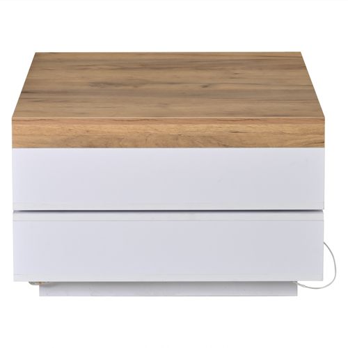 Table Basse Carrée 65x65x40 Cm, Plateau Pivotant 360°, 2 Niches, LED, Mdf, Blanc Et Chêne