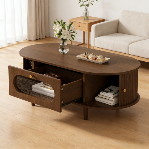 Table Basse 100x50x36 Cm, 2 Porte Coulissante, 1 Tiroir Vitré, Mdf, Noyer