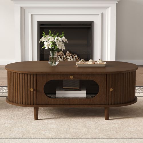 Table Basse 100x50x36 Cm, 2 Porte Coulissante, 1 Tiroir Vitré, Mdf, Noyer