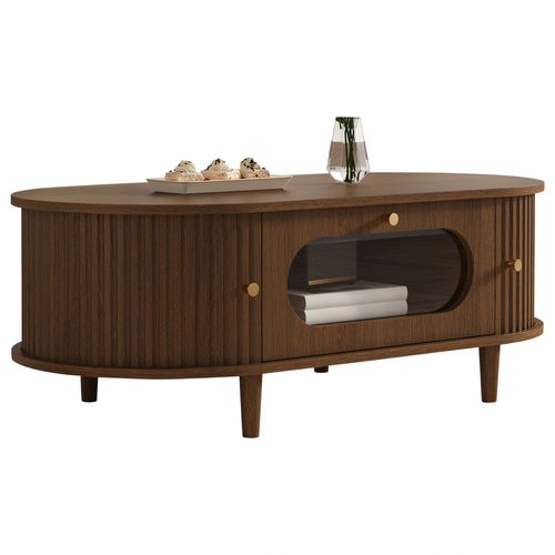 Table Basse 100x50x36 Cm, 2 Porte Coulissante, 1 Tiroir Vitré, Mdf, Noyer