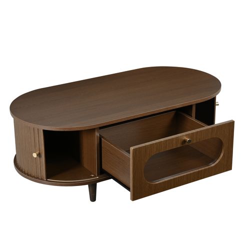 Table Basse 100x50x36 Cm, 2 Porte Coulissante, 1 Tiroir Vitré, Mdf, Noyer