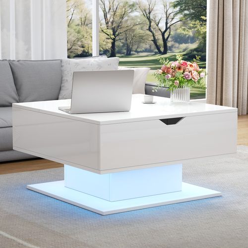 Table Basse 80x75x40/54 Cm, 1 Niche, Plateau Relevable Hydraulique, LED, Blanc